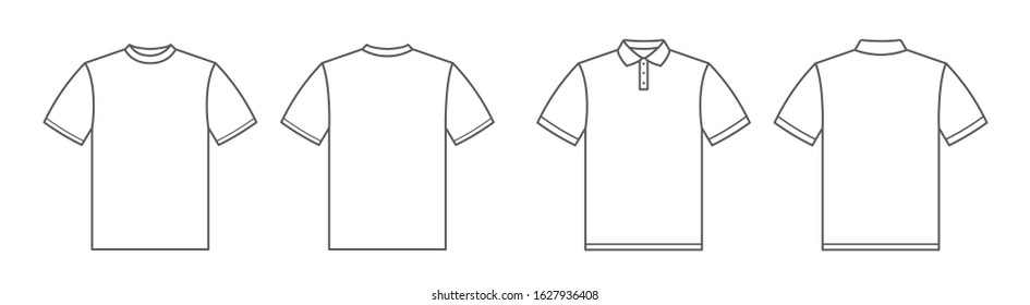 T-shirts. Polo shirt. Tshirt front and back view. Outline style - stock vector.