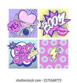 Camisetas impresas con labios, ojos, flash, donuts, corazón. Grabado a mano. Colorido diseño creativo para niñas. Impresión de estilo Girlish. Ilustración genial sobre el estilo de los comics para la adolescente 90-s