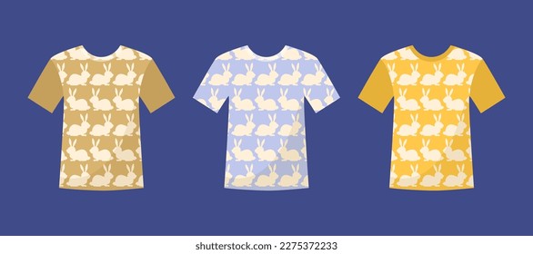 T-shirts with rabbit pattern vector illustration set. Bunny or hare print on clothes and accessories on blue background. Cute pajamas design idea. Fashion, style, trend, China, animal concept