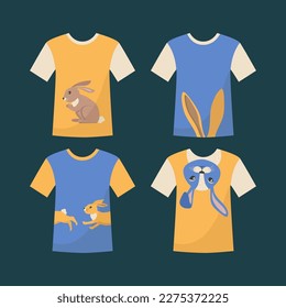 T-shirts with rabbit print vector illustration set. Bunny or hare print on clothes and accessories on dark background. Cute pajamas design idea. Fashion, style, trend, China, animal concept