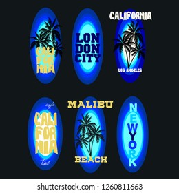 t-shirts in set New York, palm trees,malibu,beach,surfing time t-shirts, graphic design, original designer clothes