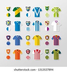 T-shirts and shields of fictitious soccer teams. Vector illustration. Isolated elements