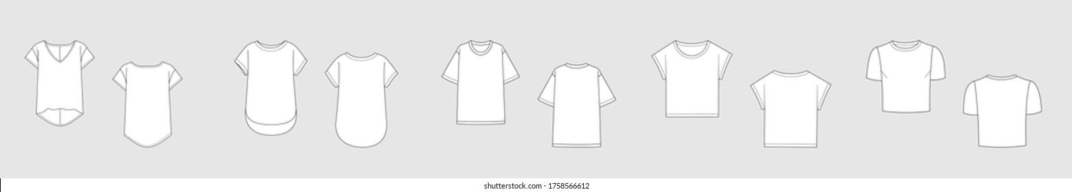 T-shirts, shirts, blouses. Set of female vector template isolated on a grey background. Front and back view. Outline fashion technical sketch of clothes model.