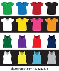 T-shirts and shirts for children and adults of different colors without pattern on white and black background