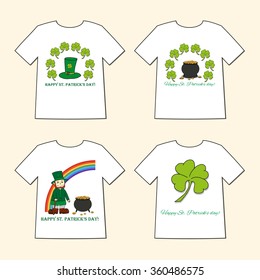 T-shirts with St. Patrick's Day prints  - Leprechaun, Leprechaun's hat, pot of gold and clover. Set of four illustration.