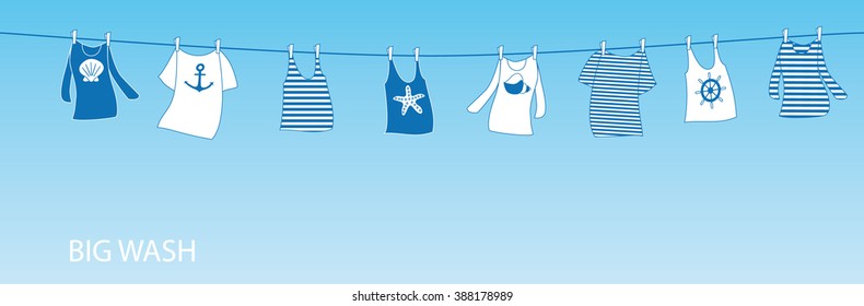 T-shirts, tank tops and vests drying on clothesline. Banner.