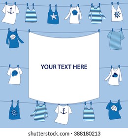 T-shirts, tank tops and vests drying on clothesline. Card.