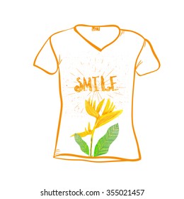 T-shirts template with  smile message and flower on long stem for your design