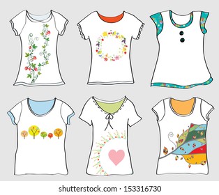 T-shirts templates set with floral motives 