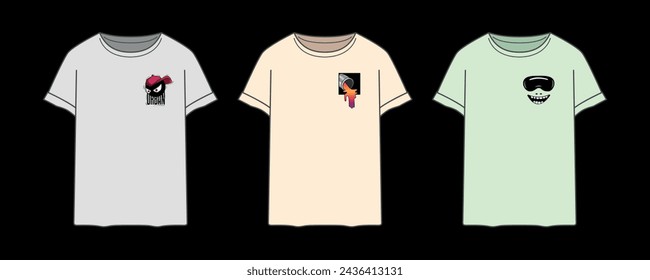 T-Shirts mit drei verschiedenen Illustrationen in Taschengröße, Vektordesigns