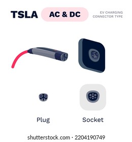 Tsla NACS proprietary AC DC standard charging connector plug and socket. Electric battery vehicle inlet charger detail. EV cable power charge electricity. Isolated vector illustration on white.