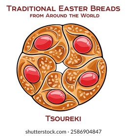 Tsoureki is a sweet, braided Greek Easter bread flavored with orange zest, mahlab, and mastic, traditionally decorated with red-dyed eggs and enjoyed during holiday celebrations.