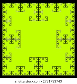 T-Square Fractal pattern created from green square shapes on a black background with an abstract geometric structure, symmetry, uniqueness, self-similarity. Suitable for mathematical, scientific, educational illustration, background, poster.