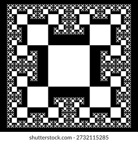 Patrón de Fractal cuadrado en T sobre un fondo negro, creado a partir de Formas cuadradas blancas con una estructura geométrica abstracta, simetría, singularidad, auto-similitud. Conveniente para la ilustración matemática, científica y educativa, fondo, cartel, decoración.