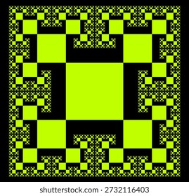 Patrón de Fractal cuadrado en T sobre un fondo negro, creado a partir de Formas cuadradas verdes con una estructura geométrica abstracta, simetría, singularidad, auto-similitud. Conveniente para la ilustración matemática, científica y educativa, fondo, cartel, decoración.