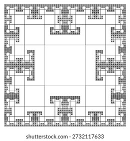 Patrón de Fractal cuadrado en T sobre un fondo blanco, creado a partir de Formas cuadradas negras con una estructura geométrica abstracta, simetría, singularidad, auto-similitud. Conveniente para la ilustración matemática, científica y educativa, fondo, cartel, decoración.