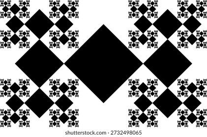 T-square Fractal pattern on a white background formed by branching black squares with an abstract geometric structure, symmetry, uniqueness and self-similarity. Suitable for mathematical, scientific and educational illustration, background design, posters and decoration.