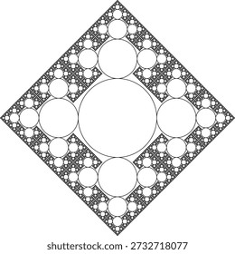 T-square fractal pattern on a white background formed by branching black circles with an abstract geometric structure, symmetry, uniqueness and self-similarity. Suitable for mathematical, scientific and educational illustration, background design, posters and decoration.