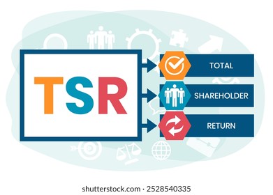 TSR - Total Shareholder Return. plano de fundo do conceito de negócios. conceito de ilustração vetorial com palavras-chave e ícones. ilustração de letras com ícones para banner da Web, folheto, página inicial, apresentação