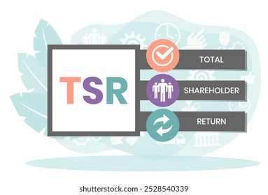 TSR - Total Shareholder Return. plano de fundo do conceito de negócios. conceito de ilustração vetorial com palavras-chave e ícones. ilustração de letras com ícones para banner da Web, folheto, página inicial, apresentação