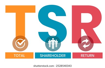 TSR - Total Shareholder Return. plano de fundo do conceito de negócios. conceito de ilustração vetorial com palavras-chave e ícones. ilustração de letras com ícones para banner da Web, folheto, página inicial, apresentação