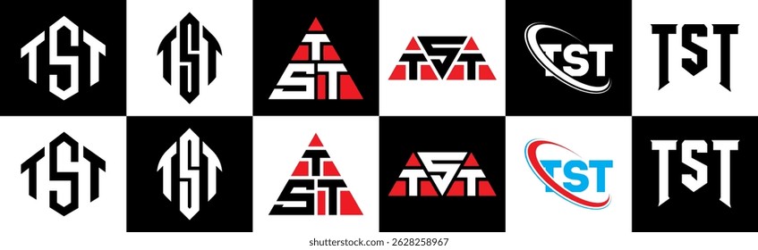 TST letter logo design in six style. TST polygon, circle, triangle, hexagon, flat and simple style with black and white color variation letter logo set in one artboard. TST minimalist and classic logo