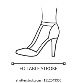 T-strap high heels linear icon. Woman stylish retro footwear design. Female casual shoes, luxury stilettos. Thin line illustration. Editable stroke. Contour symbol. Vector isolated outline drawing