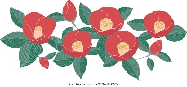 Tsubaki, Red Camellia flower and leaves botanical painting. Vector illustration for Floral invitation card design.