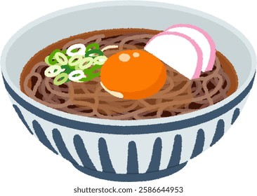 Tsukimi soba is a dish of warm soba noodles topped with a raw egg, with the egg yolk representing the moon and the egg white representing the clouds.