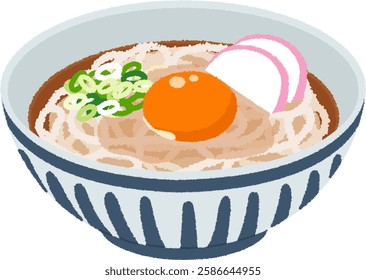 Tsukimi udon is a dish of warm udon noodles topped with a raw egg, with the egg yolk representing the moon and the egg white representing the clouds.