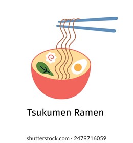 Tsukumen ramen Ilustración vectorial en estilo de dibujos animados planos. Sopa japonesa de fideos con huevo, nori, narutomaki y palillos. Doodle de cocina asiática, deliciosa y sabrosa comida, tradicional y sabrosa