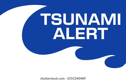 Tsunami alert. Modern vector illustration with lettering. Blue sign with big wave and text. High water, destruction wave.