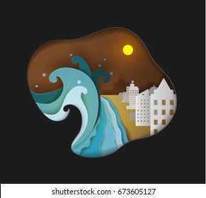 The tsunami is attacking the seaside town.cute paper art vector illustration paper cut