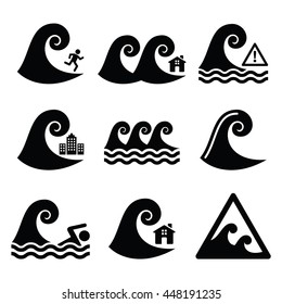 Tsunami, big wave warning, neutral disaster icons set 