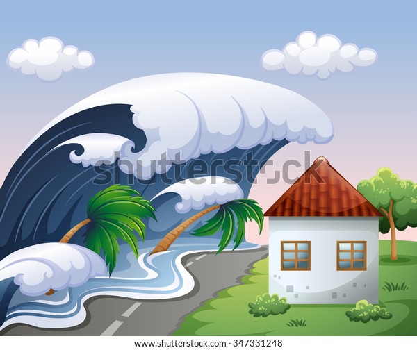 Tsunami Big Waves Over House Illustration Stock Vector (Royalty Free ...