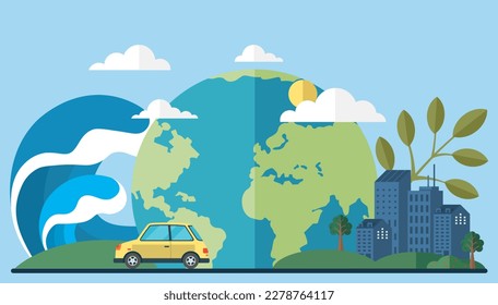 Tsunami with big waves over planet. Rising water levels on Earth lead to tsunami. Huge wave heading towards globe. Catastrophe, cataclysm. Flood, avalanche, hurricane. Climate change. Global warming