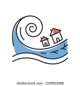 Tsunami Blue Color Icon. Groundswell. Ocean Storm Washing Settlement. Sea Wave Destruct Houses. Hurricane Damage. Flash Flood. Natural Disaster Catastrophe. Isolated Vector Illustration