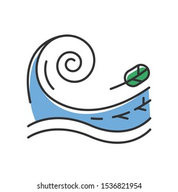 Tsunami Blue Color Icon. Sea Storm. Water Splash. Groundswell. Tide. Flash Flood. Sudden And Destructive Movement Of Water. Ocean Heavy Wave And Leaf. Isolated Vector Illustration