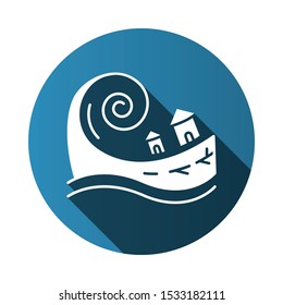 Tsunami blue flat design long shadow glyph icon. Groundswell. Ocean storm washing settlement. Sea wave destruct houses. Hurricane damage. Natural disaster catastrophe. Vector silhouette illustration