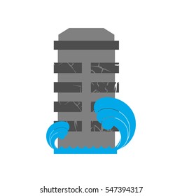 Tsunami Building. Flood house. many of water architecture. Deluge institution. spontaneous disaster. Flooding cataclysm city