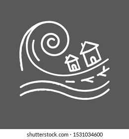 Tsunami Chalk Icon. Groundswell. Ocean Storm Washing Settlement. Sea Wave Destruct Houses. Hurricane Damage. Flash Flood. Natural Disaster Catastrophe. Isolated Vector Chalkboard Illustration