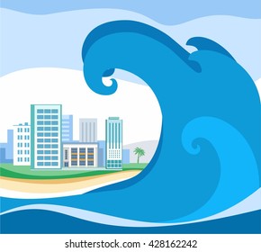 Tsunami, colored picture, vector. A huge wave rolls on coast. On the shore stands the city. A natural disaster. Colored, flat picture.    