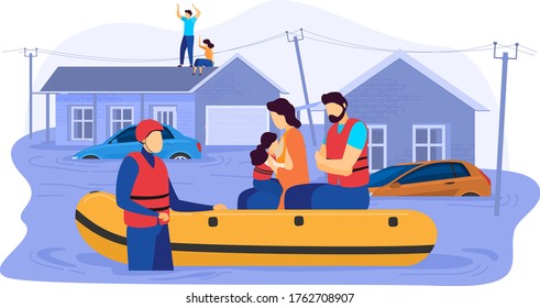 Tsunami Consequences, Rescue Male Female Character Evacuation Save Inflatable Boat People Victim Flood Isolated On White, Cartoon Vector Illustration. Natural Disasters, Person Affected High Water.