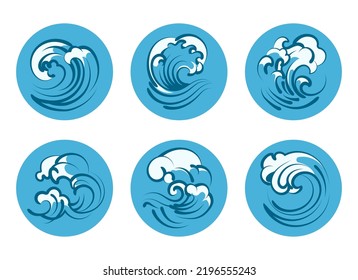 Tsunami curl icons. Ocean crashing waves, sea rush swirls, water surf surge set, marine tidal splashes, swirling typhoon signs