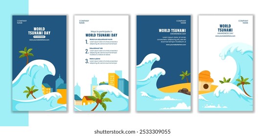 Tsunami Day Global Awareness Social Media Stories Flat Cartoon Template Illustration