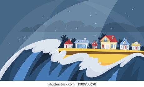 Tsunami disaster. Big wave cover the village. Disaster and catastrophe, natural hurricane. Storm in the ocean. Vector illustration in cartoon style