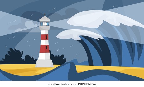 Tsunami disaster. Big wave covers the earth and lighthouse. Disaster and catastrophe, natural hurricane. Storm in the ocean. Vector illustration in cartoon style