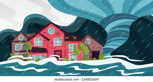 Tsunami disaster. Flood typhoon and tornado natural cataclysm scene, storm destruction concept. Vector illustration