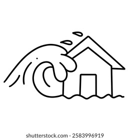 tsunami disaster icon illustration, black and white style, for emergency natural disaster