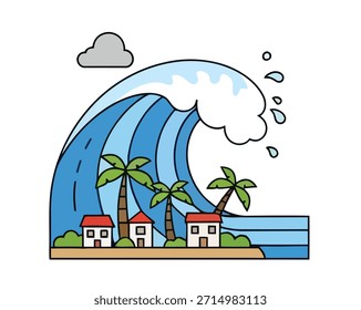 Ilustración del desastre del tsunami en estilo plano simple de la historieta con la ola grande y la ciudad costera
